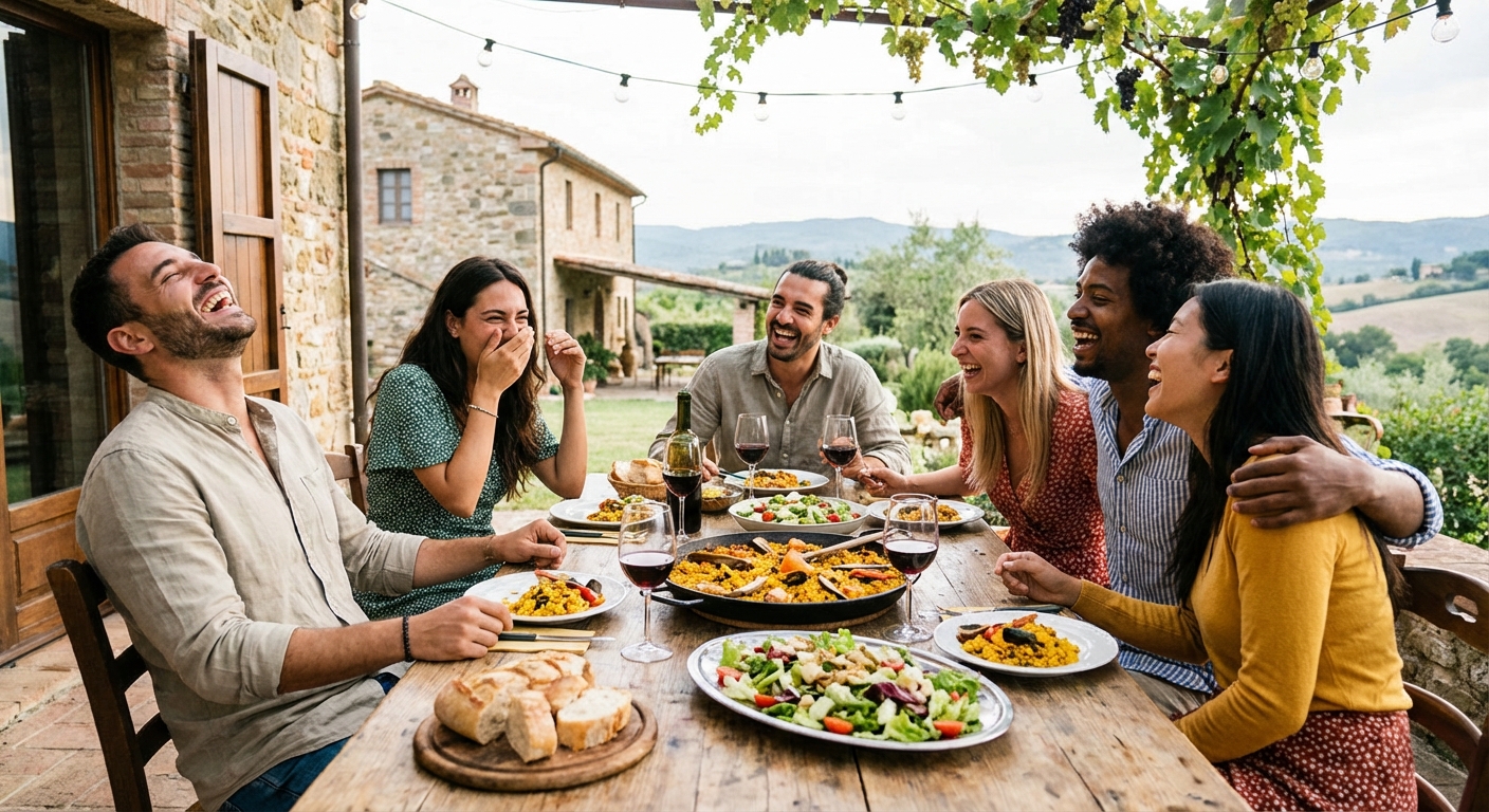 A group of friends laughing and enjoying a meal together outdoors.