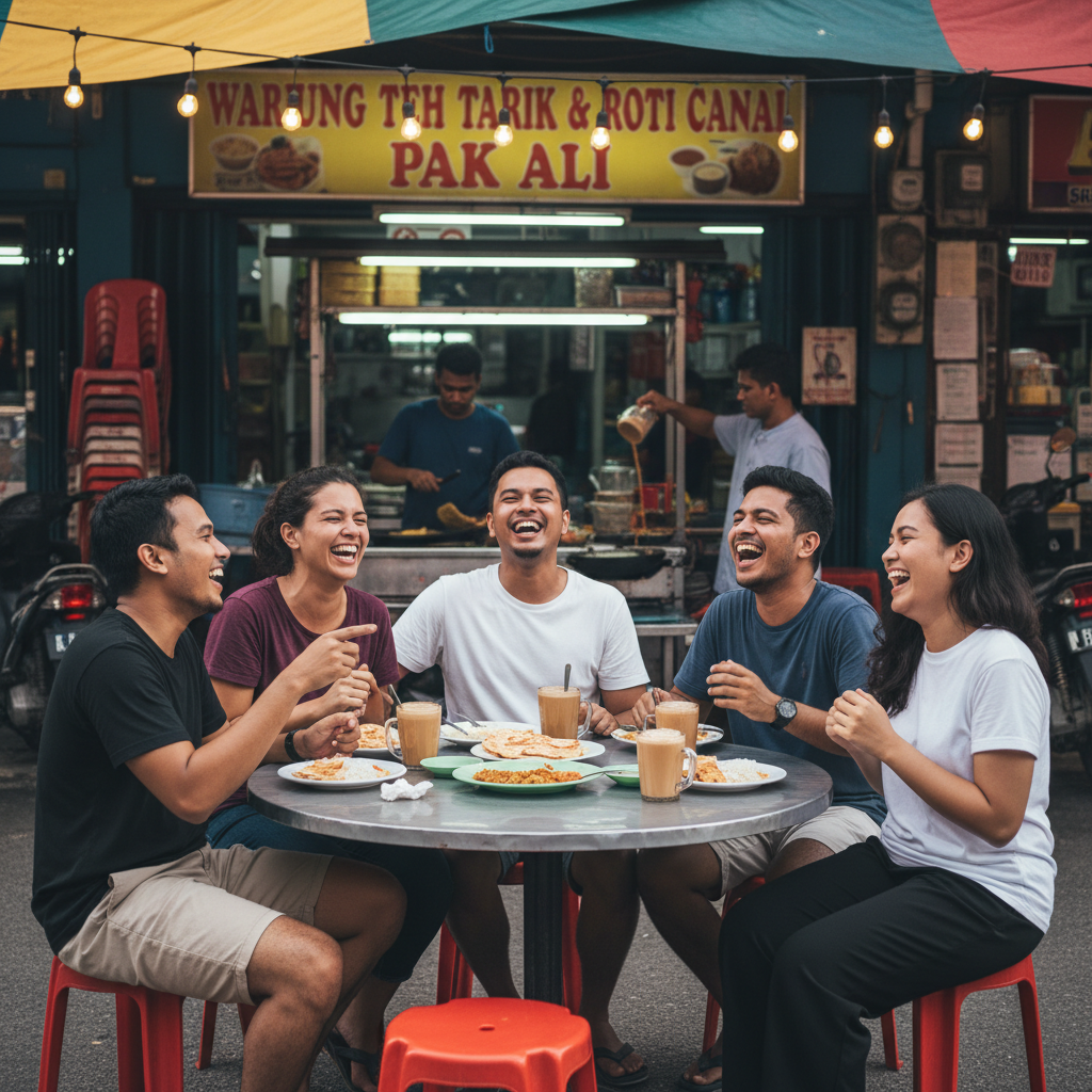 A group of friends laughing together at a local 'mamak' stall.