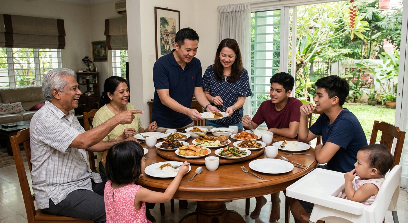 A multi-generational Malaysian family sharing a meal and conversation.
