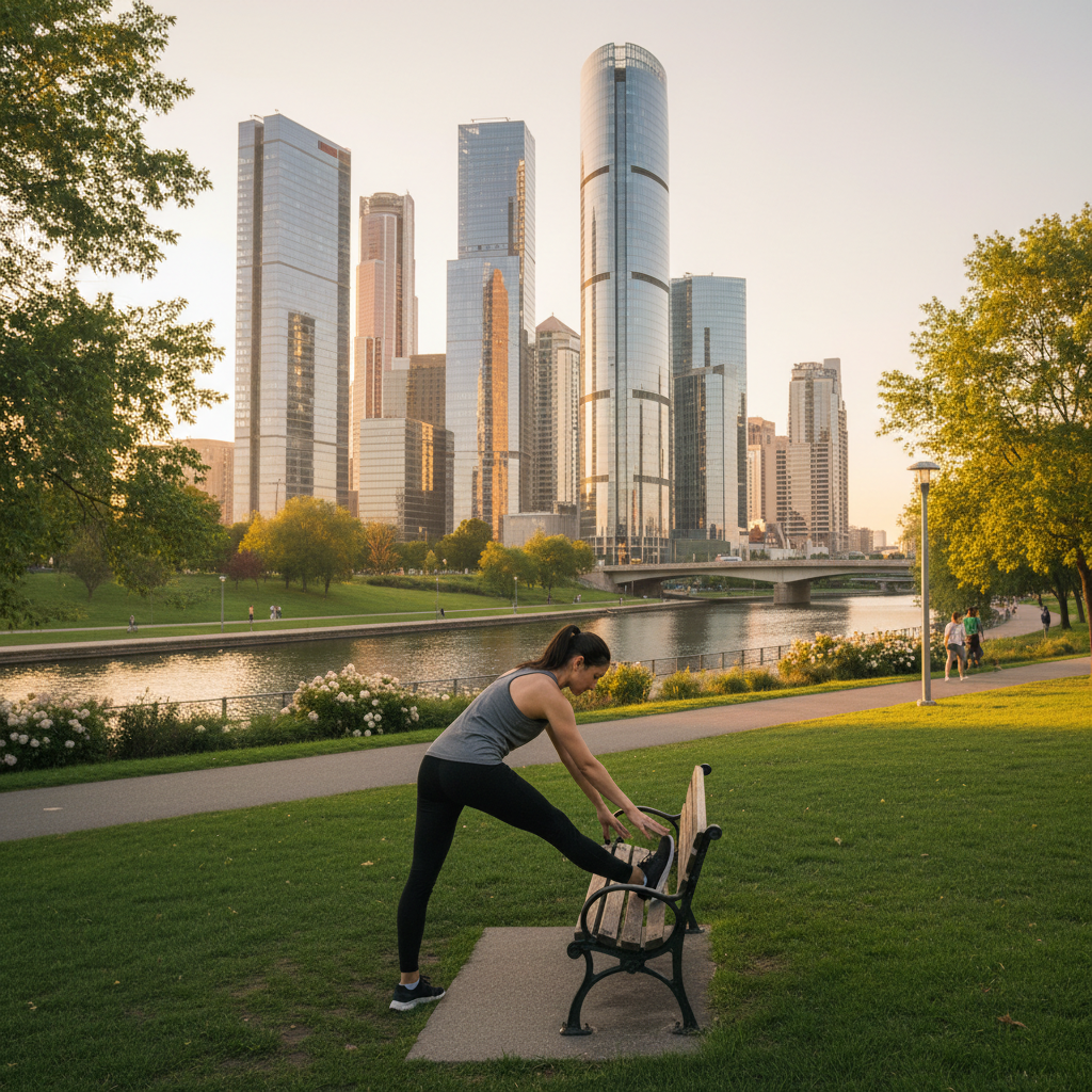 A person stretching in a park with a city skyline in the background.
