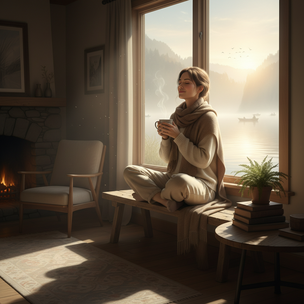 A woman finding a moment of peace and reflection in the morning.