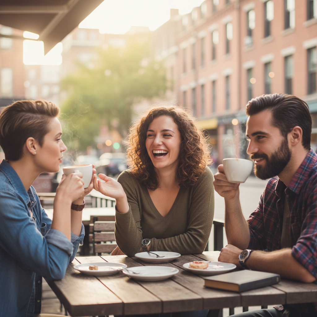 Friends enjoying a conversation over coffee, strengthening their social bonds.