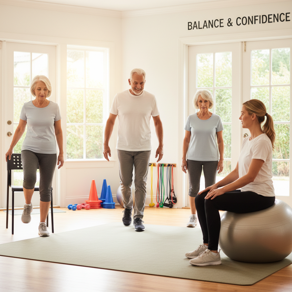 Gentle exercises in vestibular rehabilitation help seniors improve their balance and confidence.