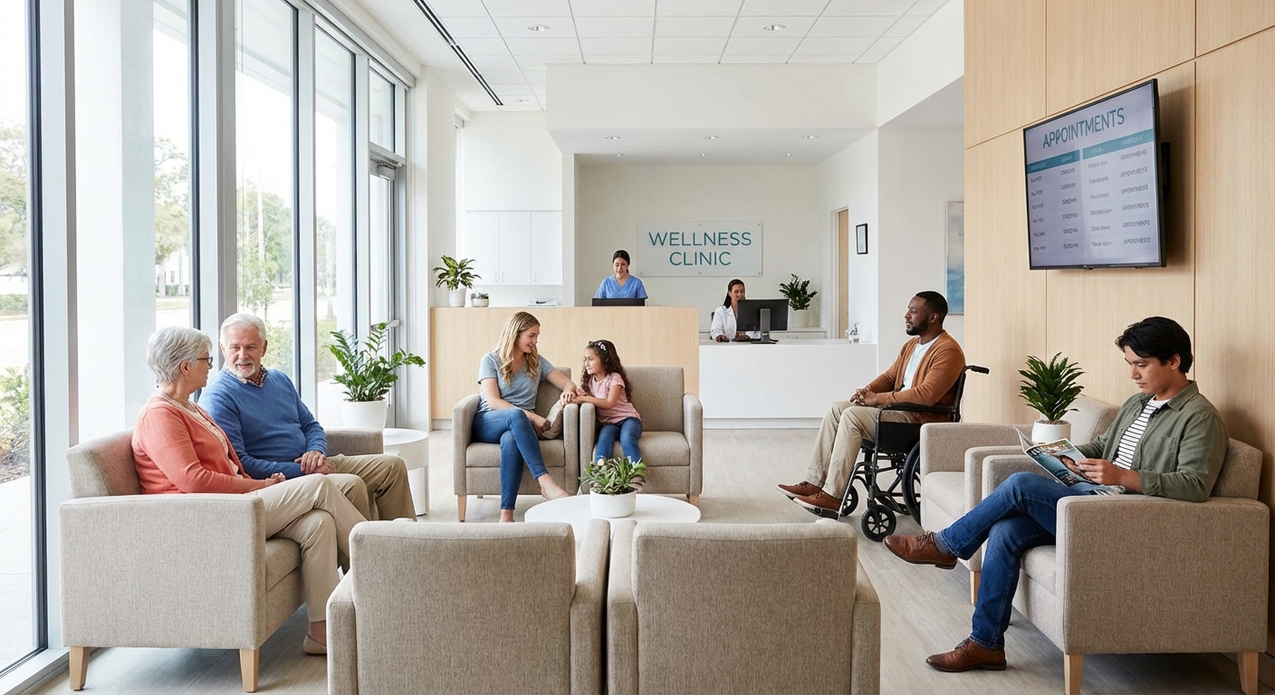 A diverse group of patients waiting in a modern and clean clinic reception area.