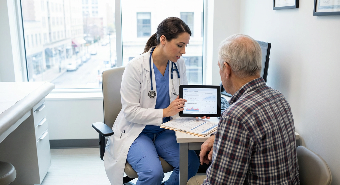 A doctor uses a tablet to review a patient's health information during a consultation.