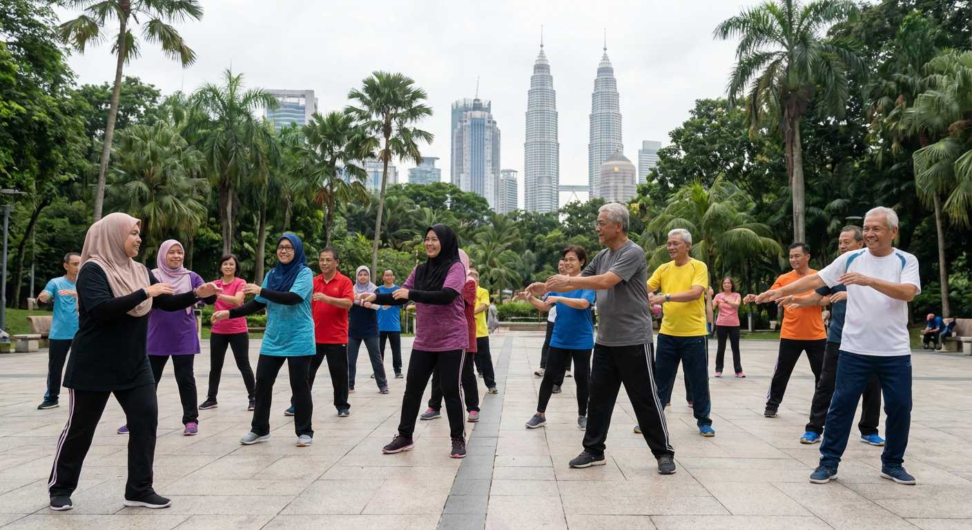 A group of Malaysians participating in an outdoor wellness activity.