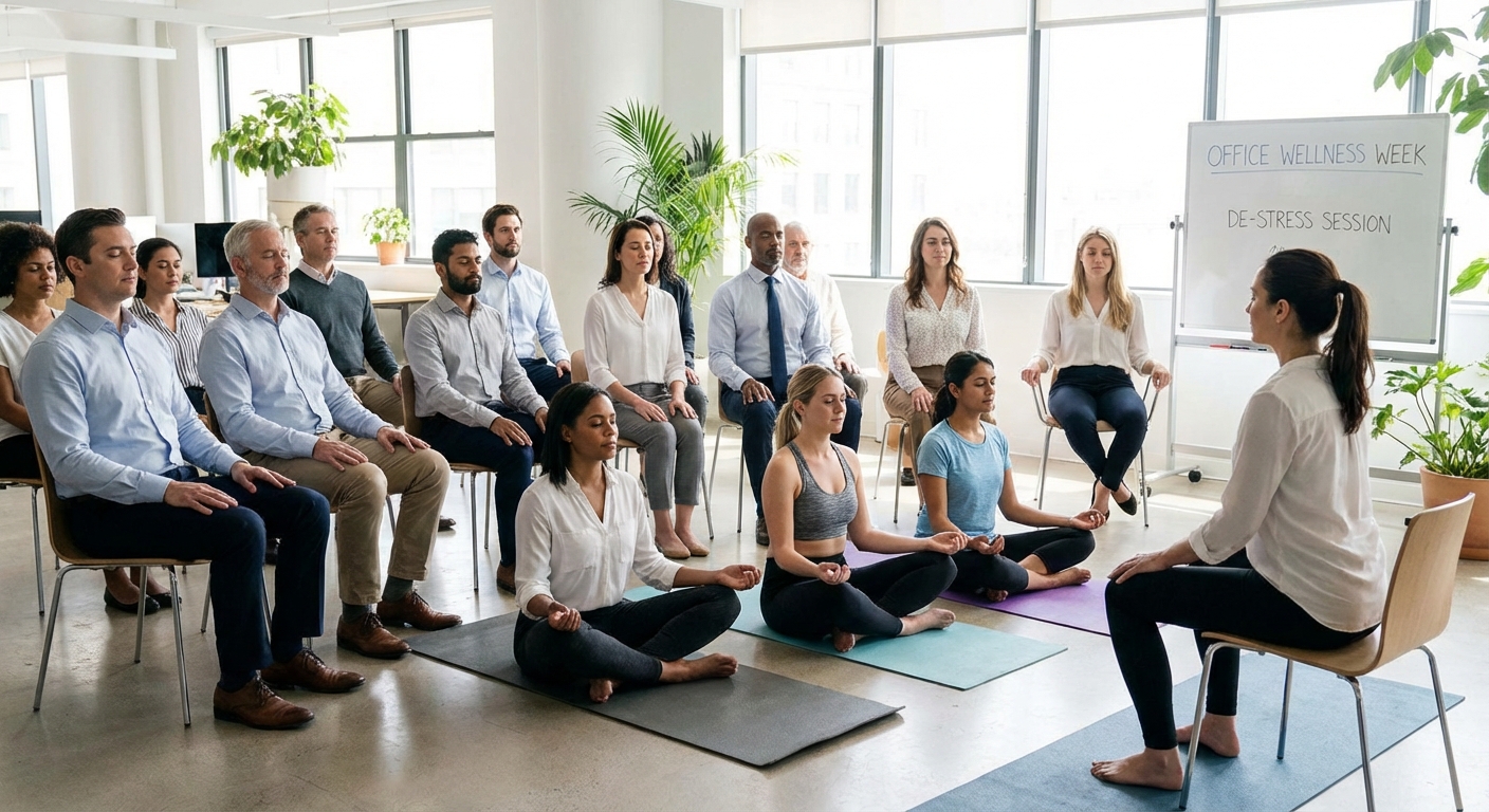 A group of colleagues in an office wellness session.