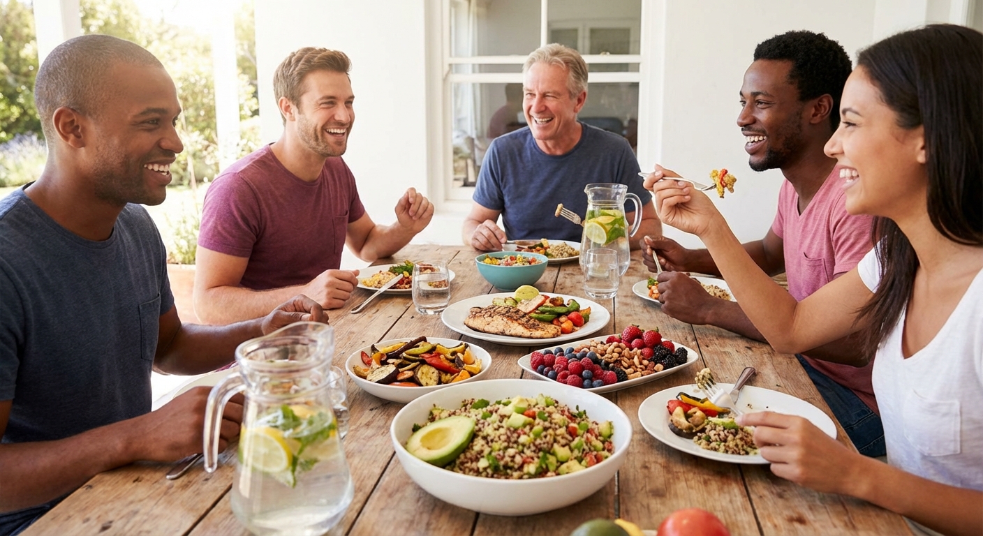 A group of friends enjoying a healthy meal together, showcasing a focus on good nutrition.