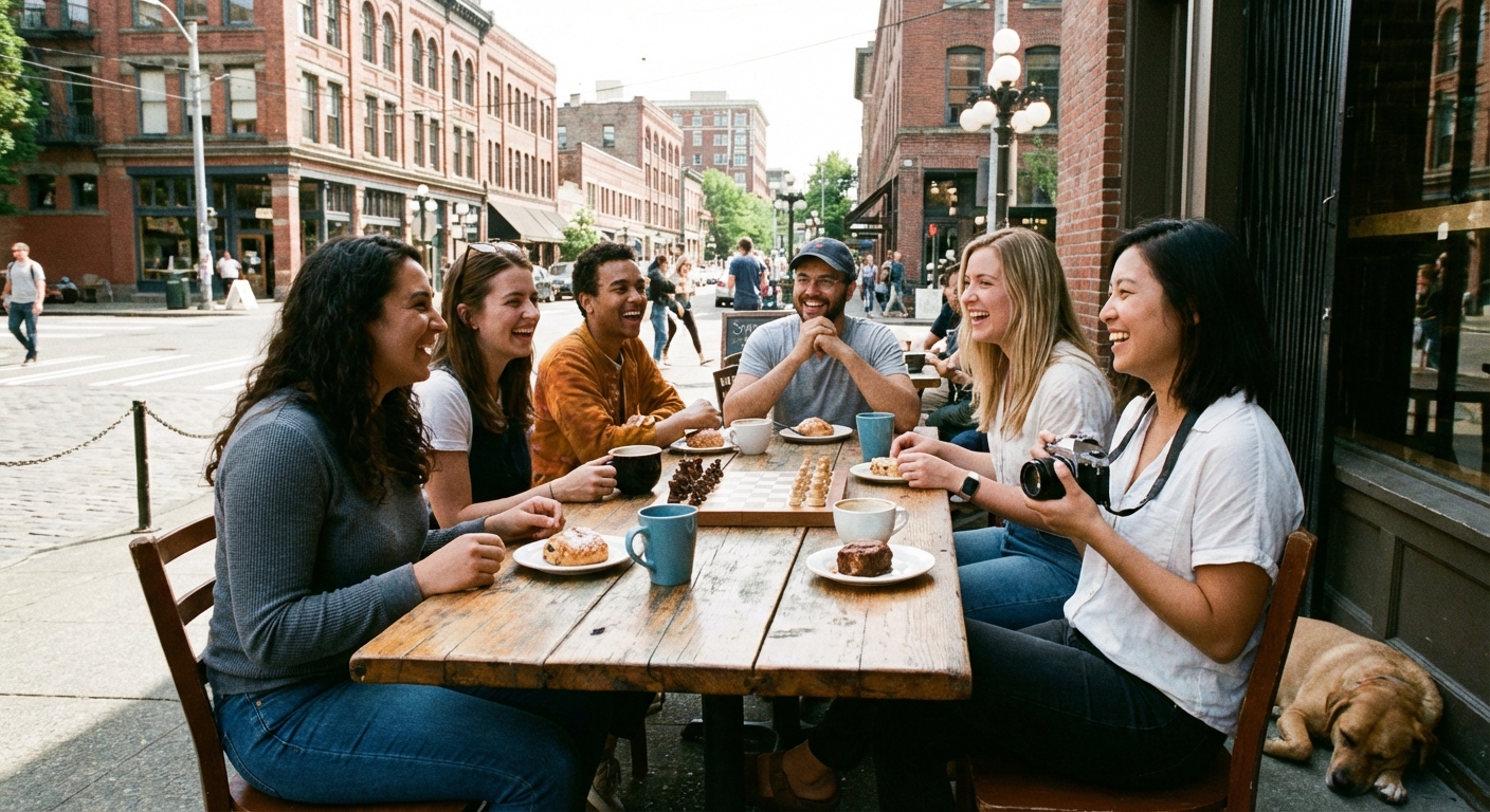 A group of friends enjoying coffee and conversation together.