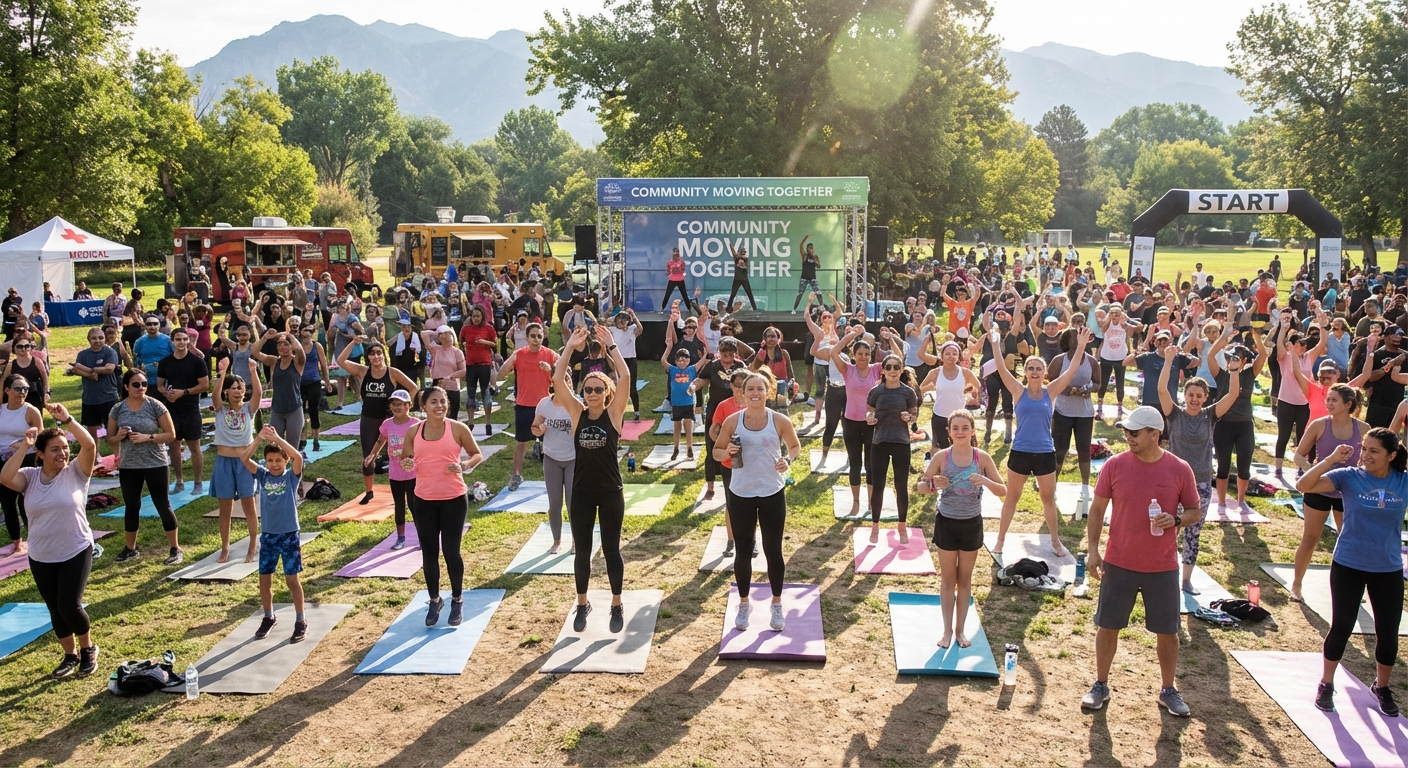 A group of people participating in an outdoor community exercise event.