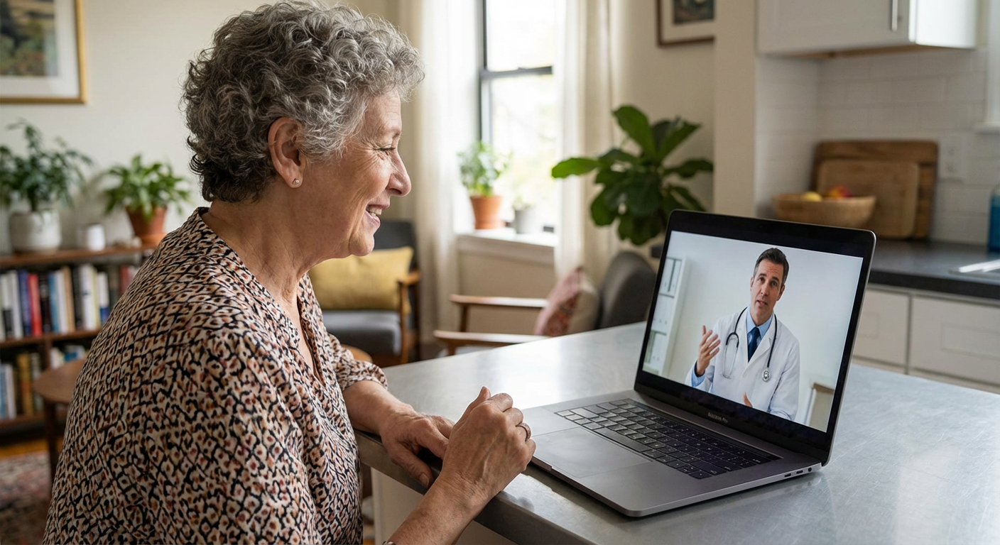 A patient consulting with a doctor via a video call on her laptop.