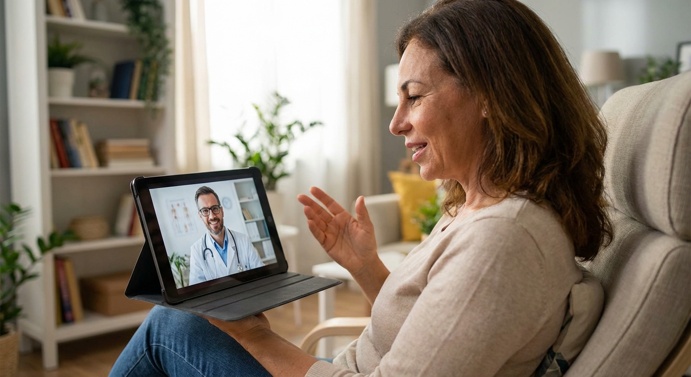 A patient consulting with her doctor through a video call on a tablet.