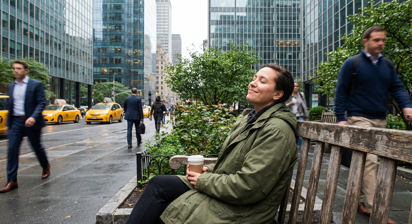 A person finding a moment of calm amidst a busy urban environment.