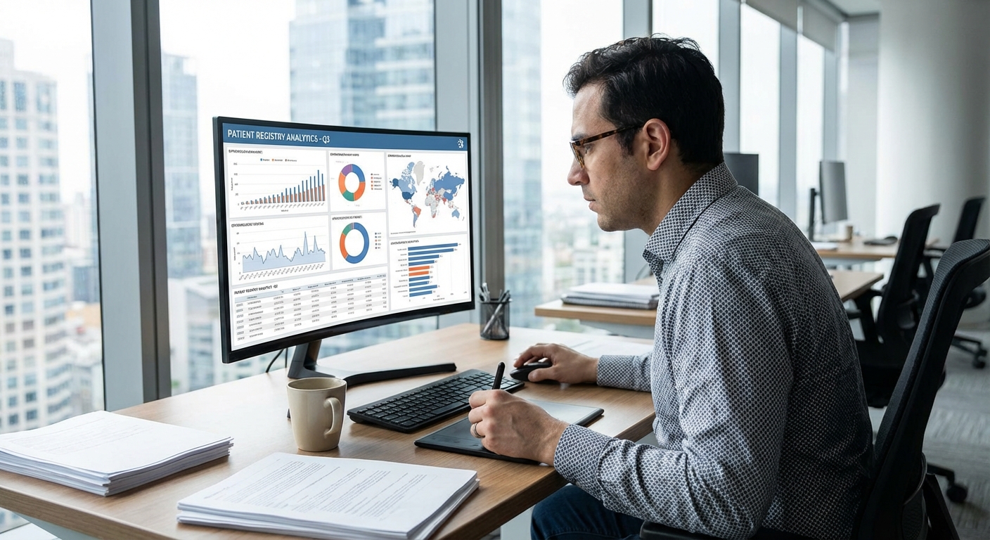 A professional analysing healthcare data on a computer screen.