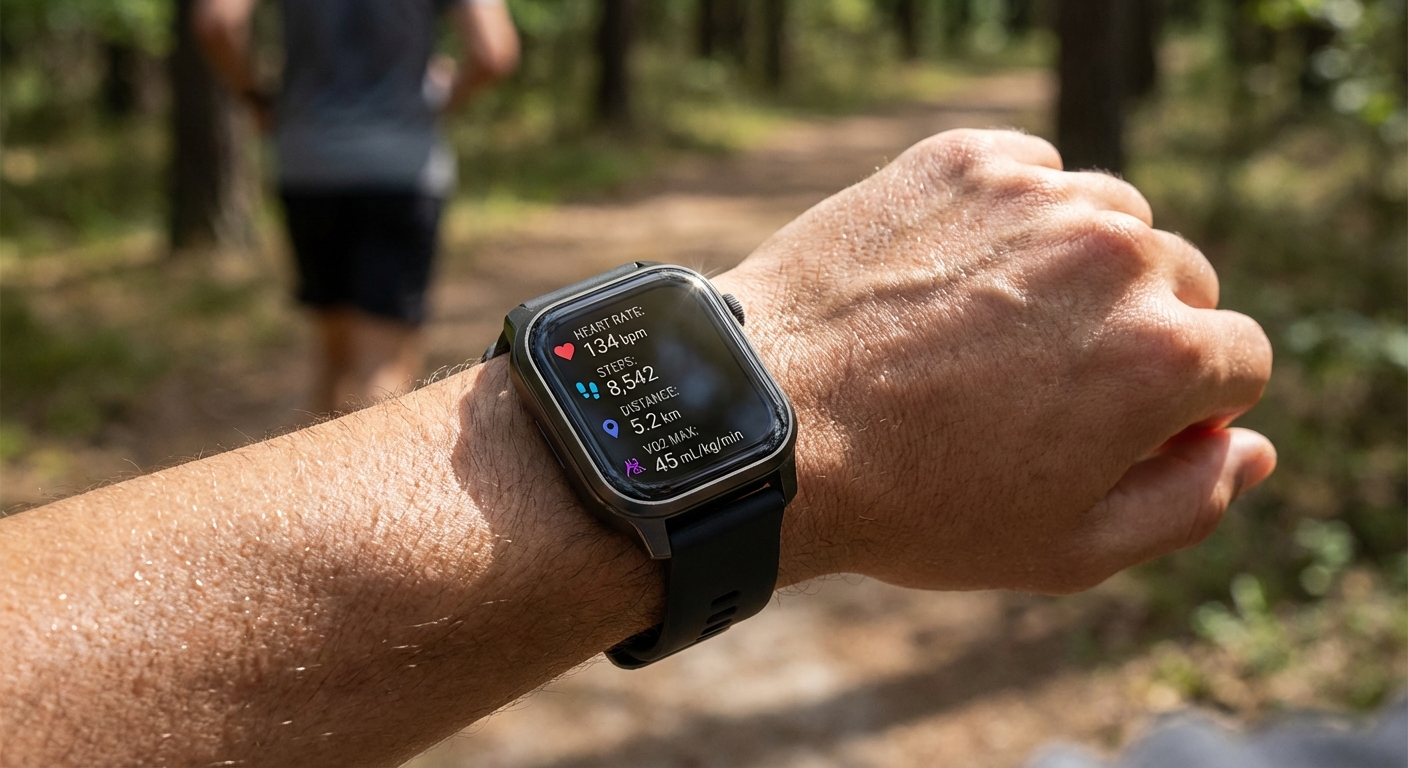A smartwatch displaying real-time health metrics on a user's wrist.