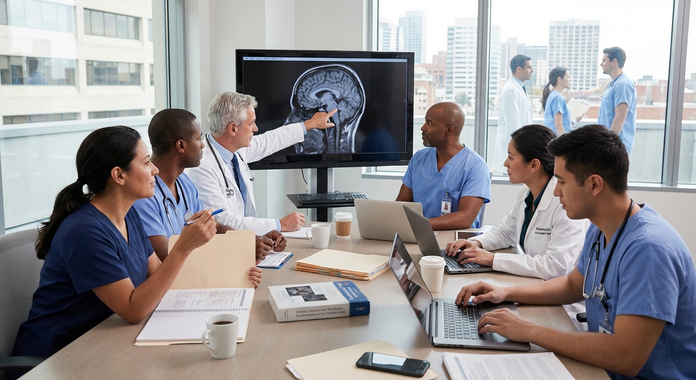 A team of healthcare professionals collaborating and discussing a patient's case file.
