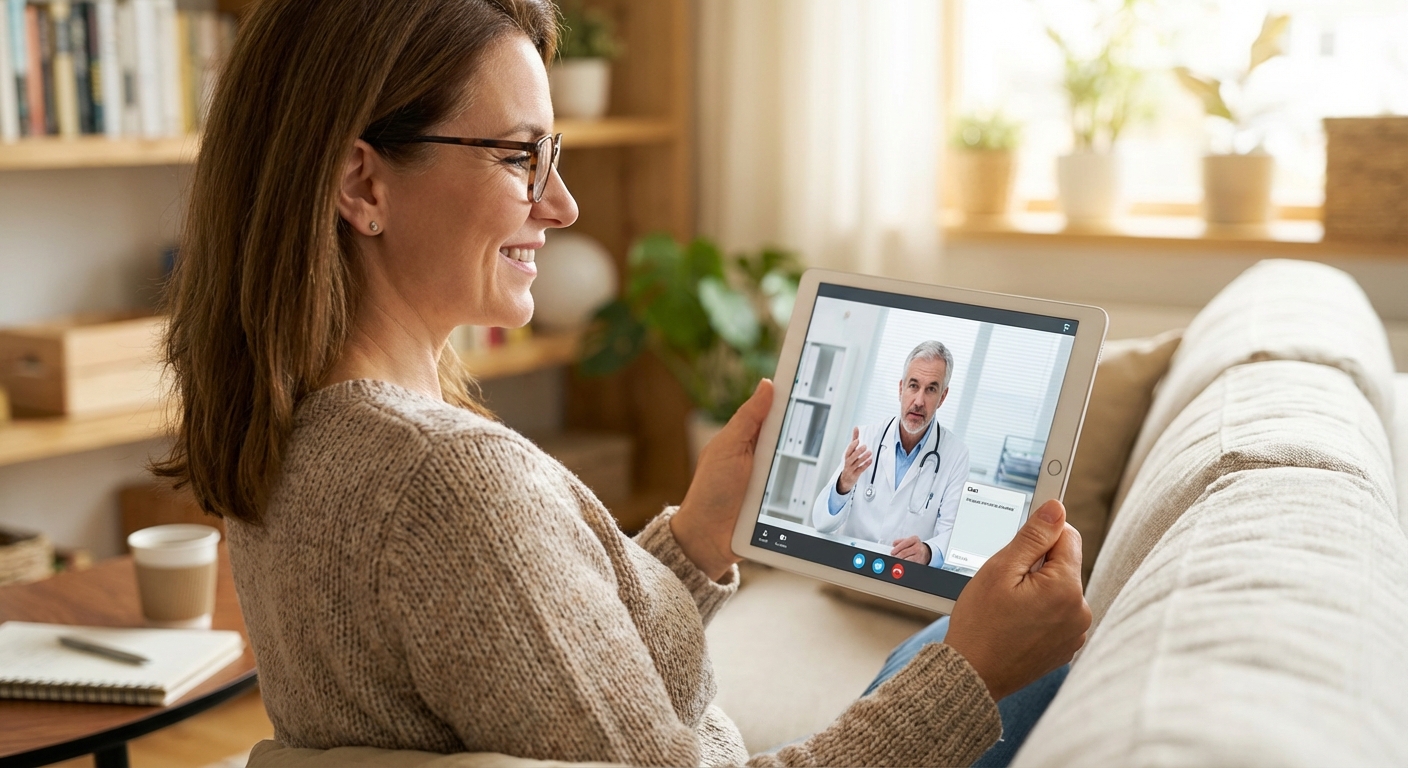 A woman having a video consultation with her doctor on a tablet.