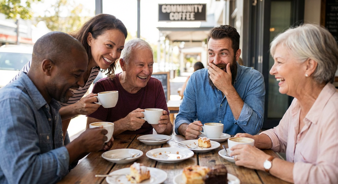 Friends enjoying a coffee together, highlighting the importance of social connection.