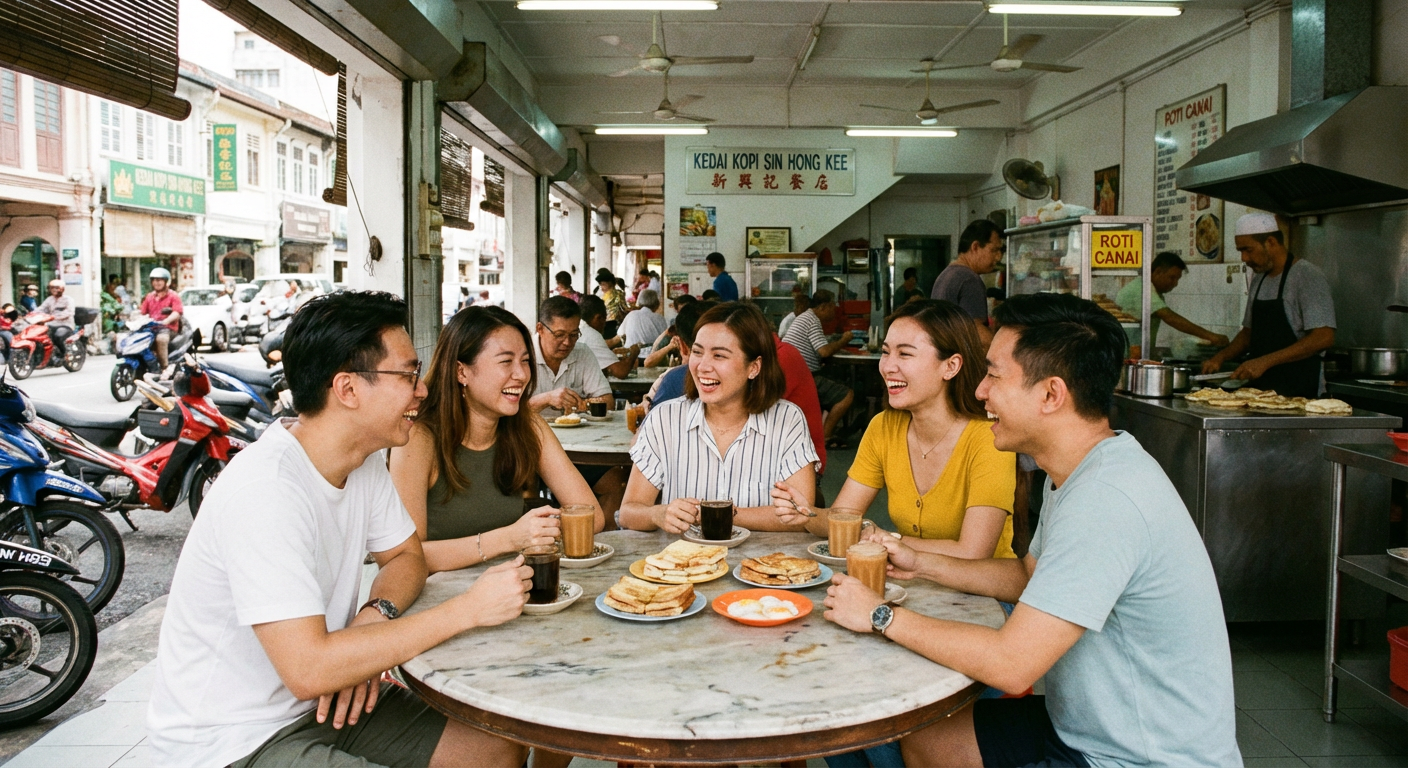 Friends enjoying a conversation at a local Malaysian kopitiam.