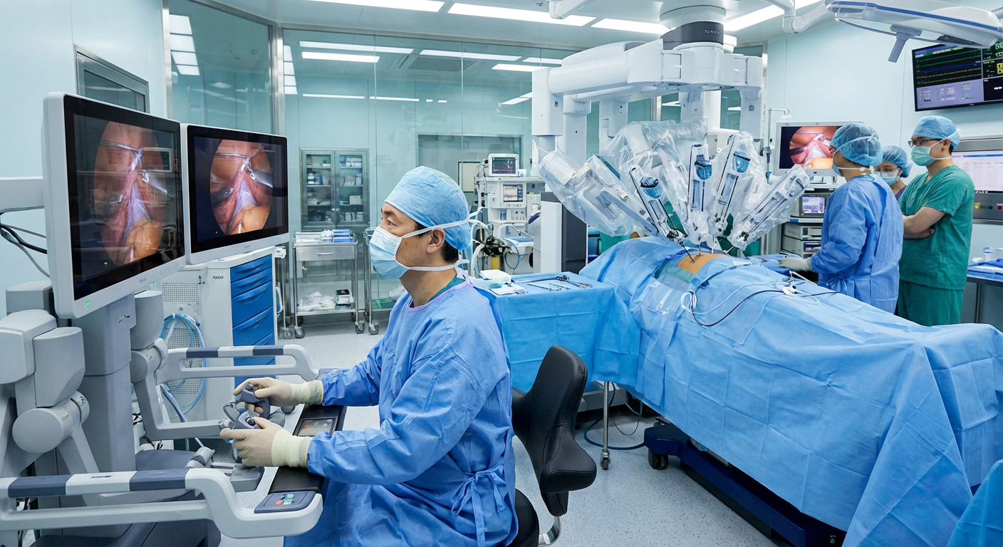 Surgeon operating a sophisticated robotic surgical system in a modern hospital.