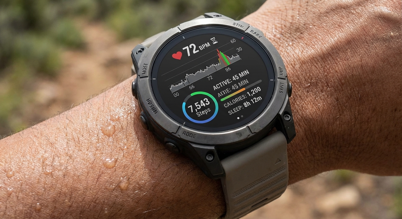 A close-up of a smartwatch displaying health metrics like heart rate and activity levels.