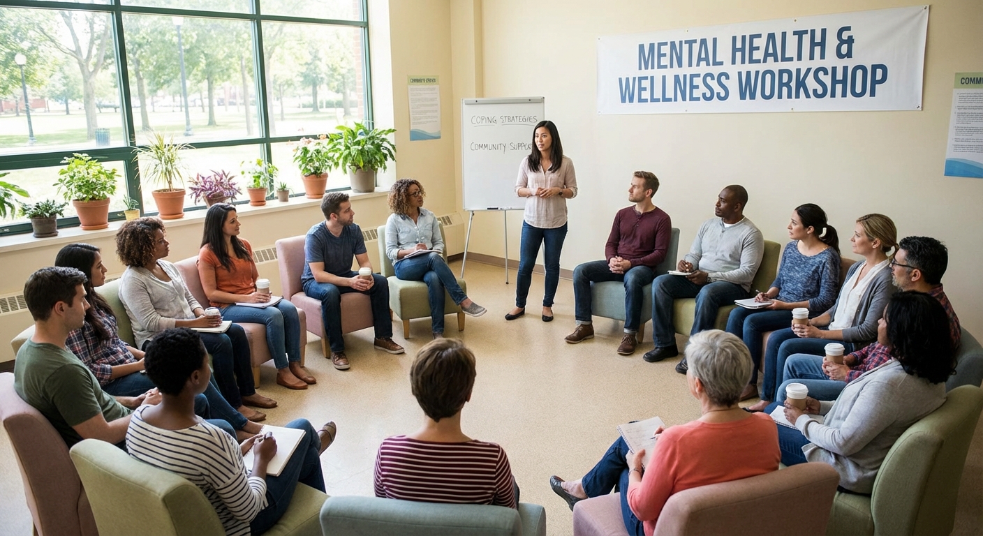 A group of people attending a supportive mental health workshop.