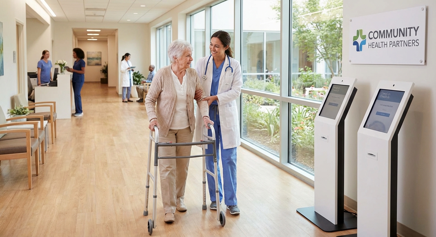 A healthcare professional assisting a patient in a modern clinic.