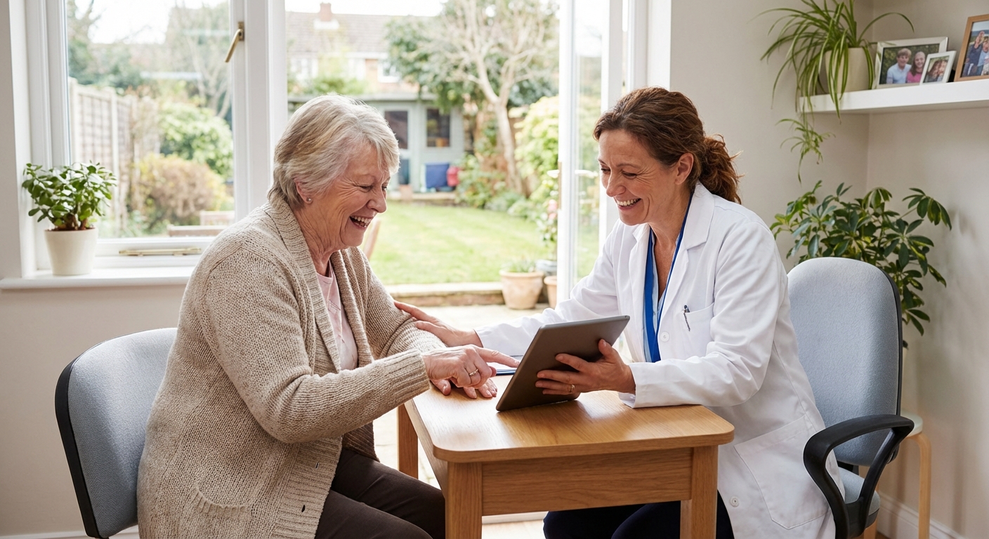 A healthcare professional warmly consulting with a patient.