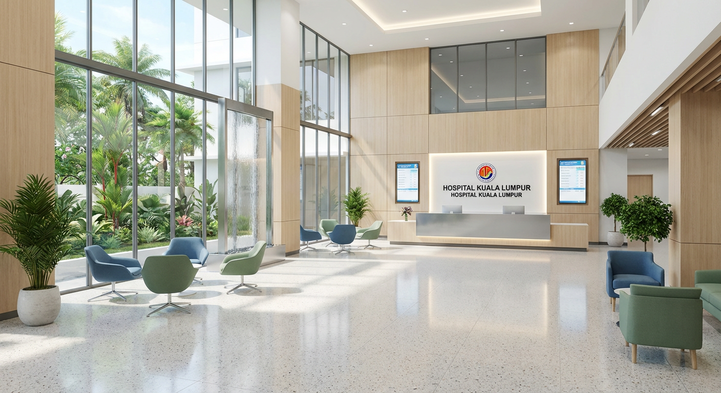 A modern and clean hospital lobby in Malaysia.