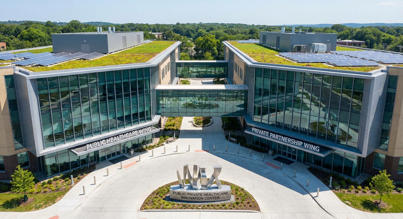 A modern hospital building, representing the synergy between public and private healthcare sectors.