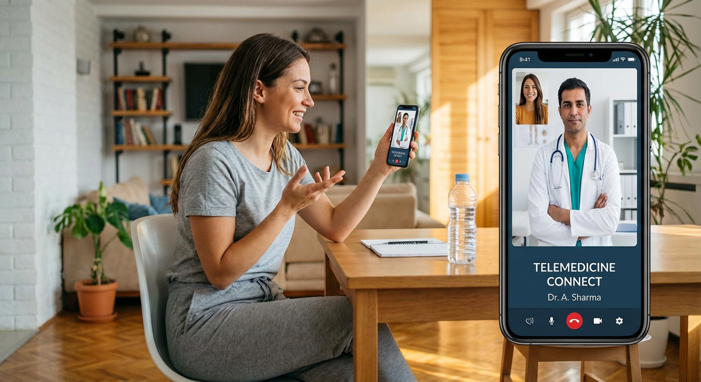 A patient consulting with a doctor through a telemedicine app on a smartphone.