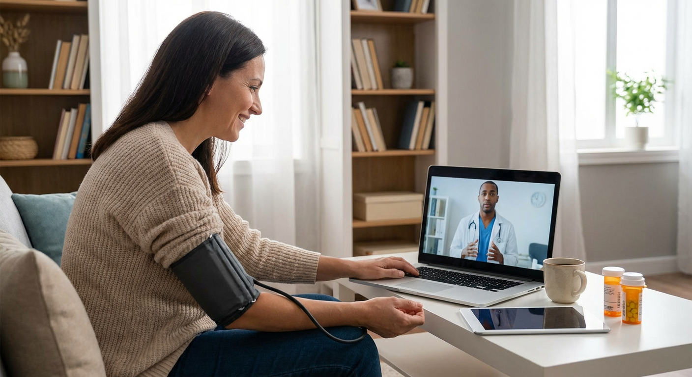 A patient consulting with a doctor via a telehealth video call from home.