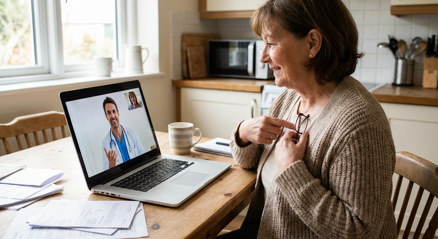 A patient consulting with a doctor via a video call on a laptop.