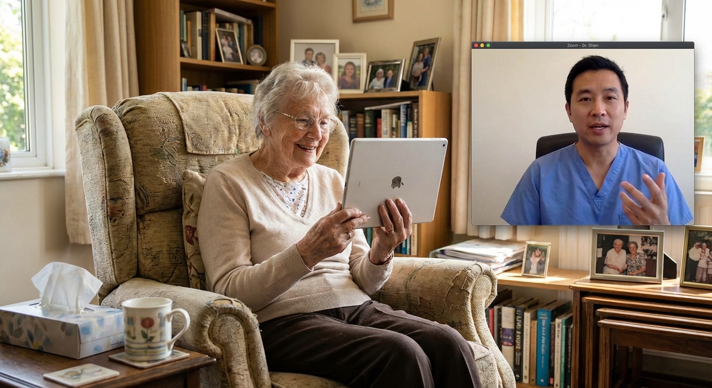 A patient consulting with a doctor via a video call on a tablet.