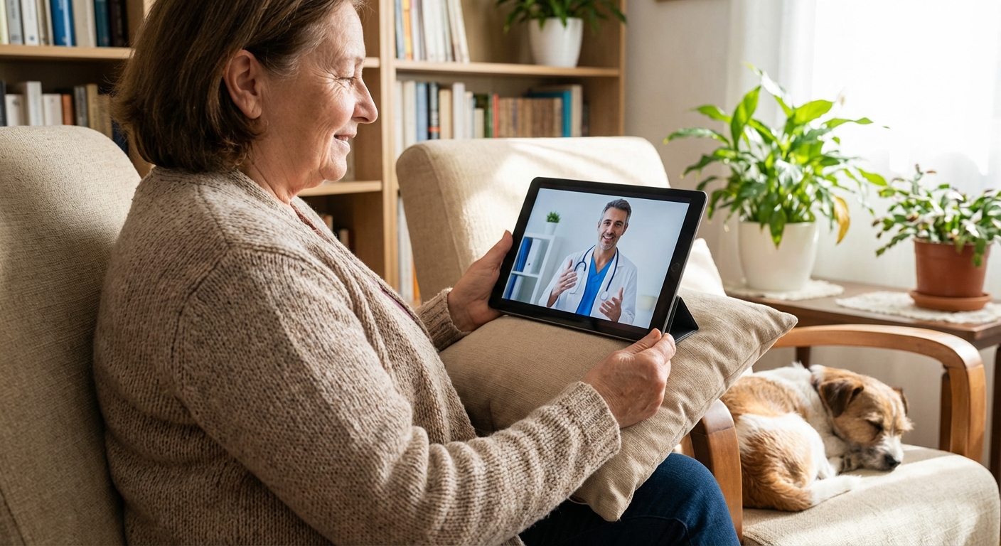 A patient engaging in a virtual consultation with her doctor via a tablet.