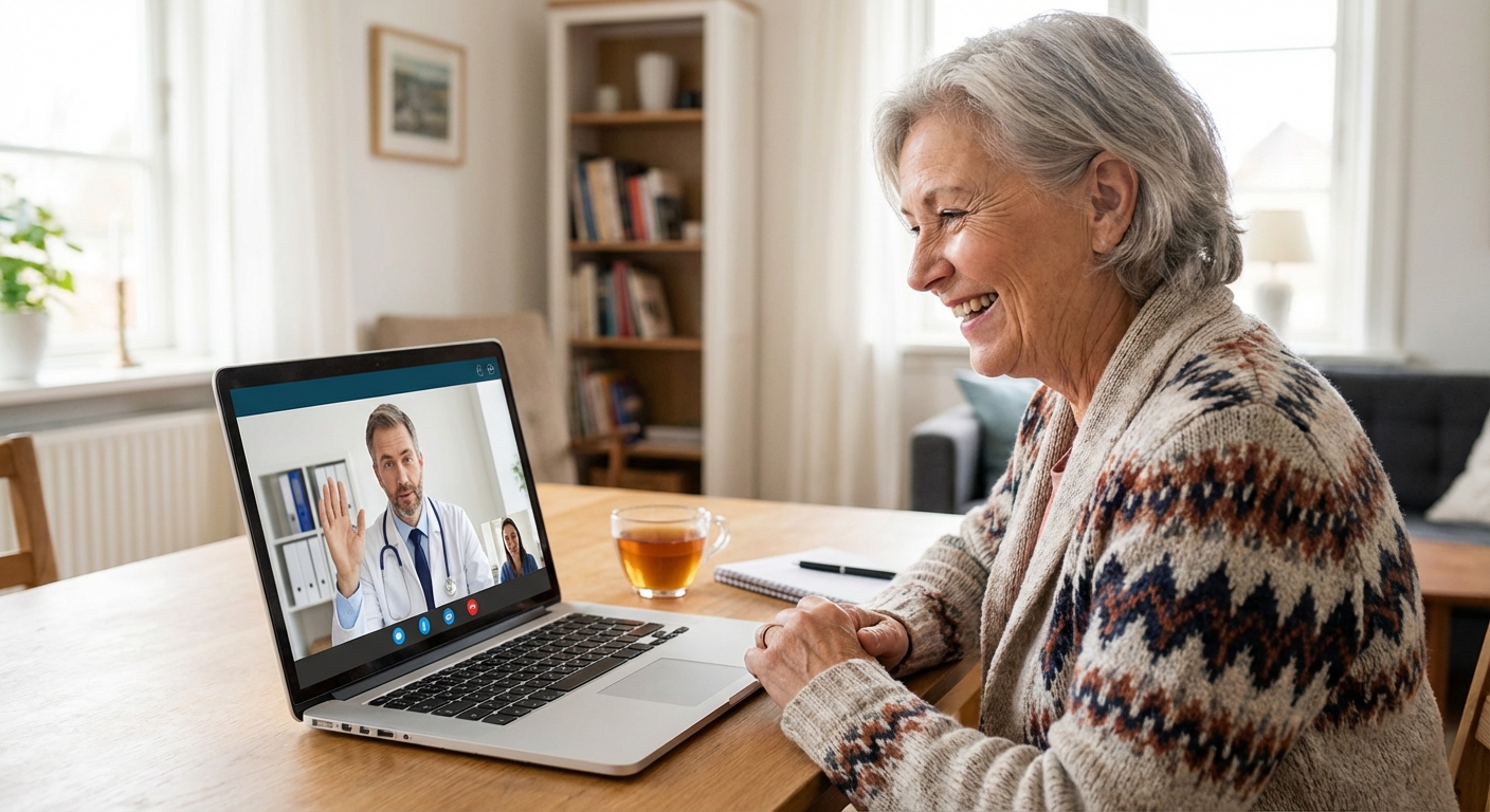 A patient having a telehealth consultation with a doctor via a laptop.
