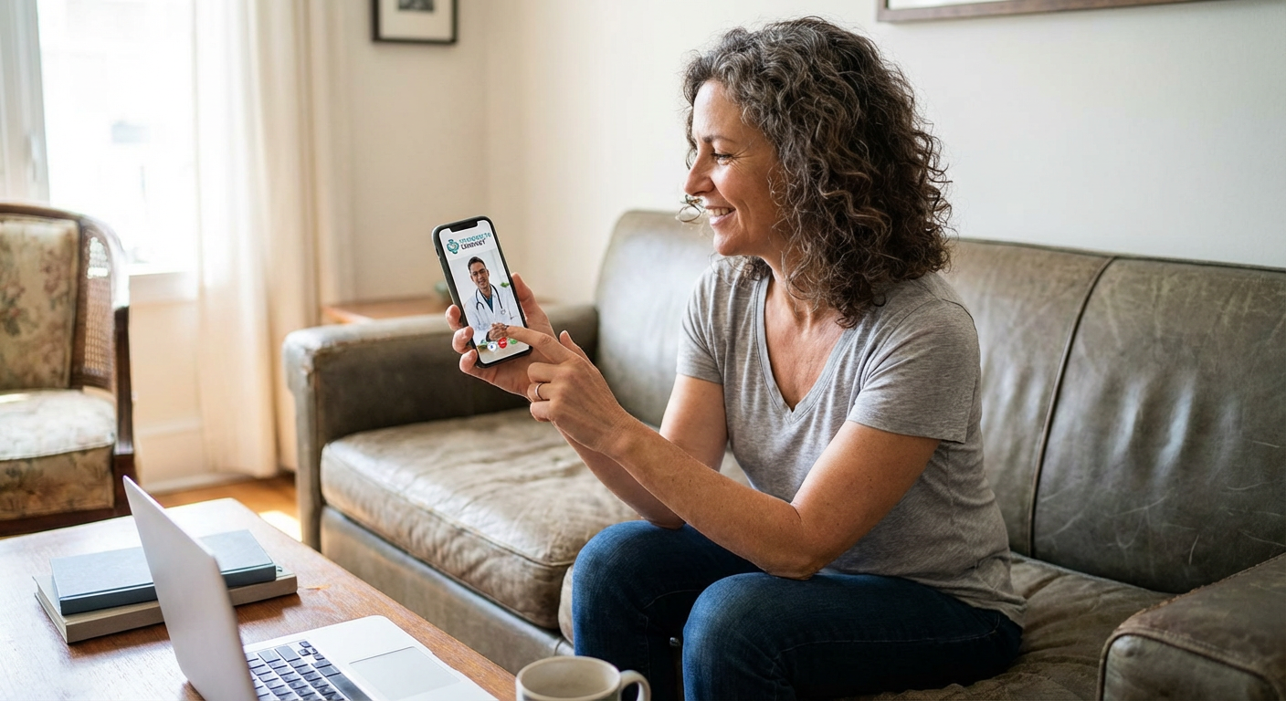 A person using a smartphone to access a telehealth application.