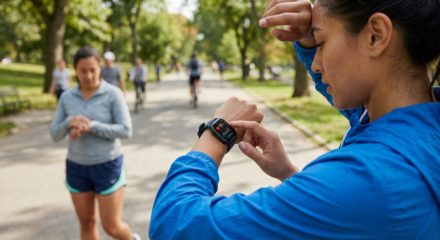 A person using a smartwatch to track their heart rate and daily activity.