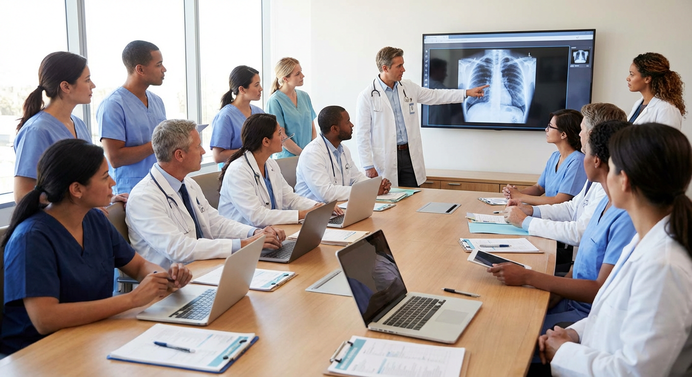 A team of healthcare professionals collaborating around a table.