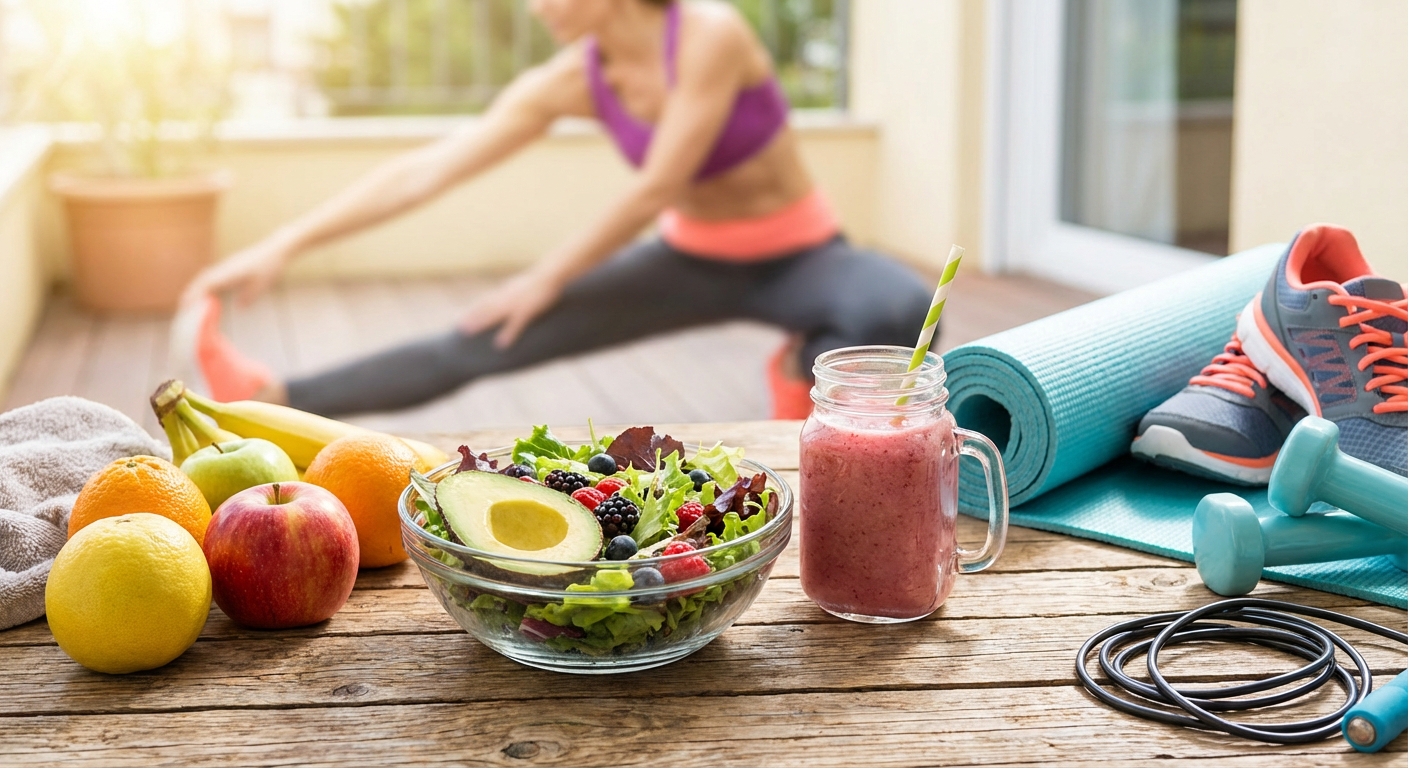 Fresh, healthy food and exercise equipment.