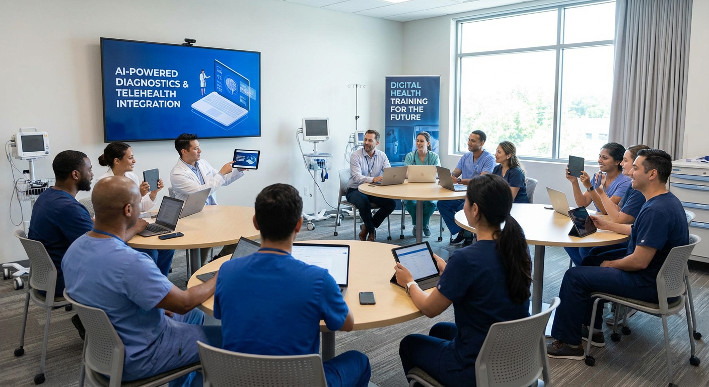 Healthcare professionals in a training session learning about new digital tools.