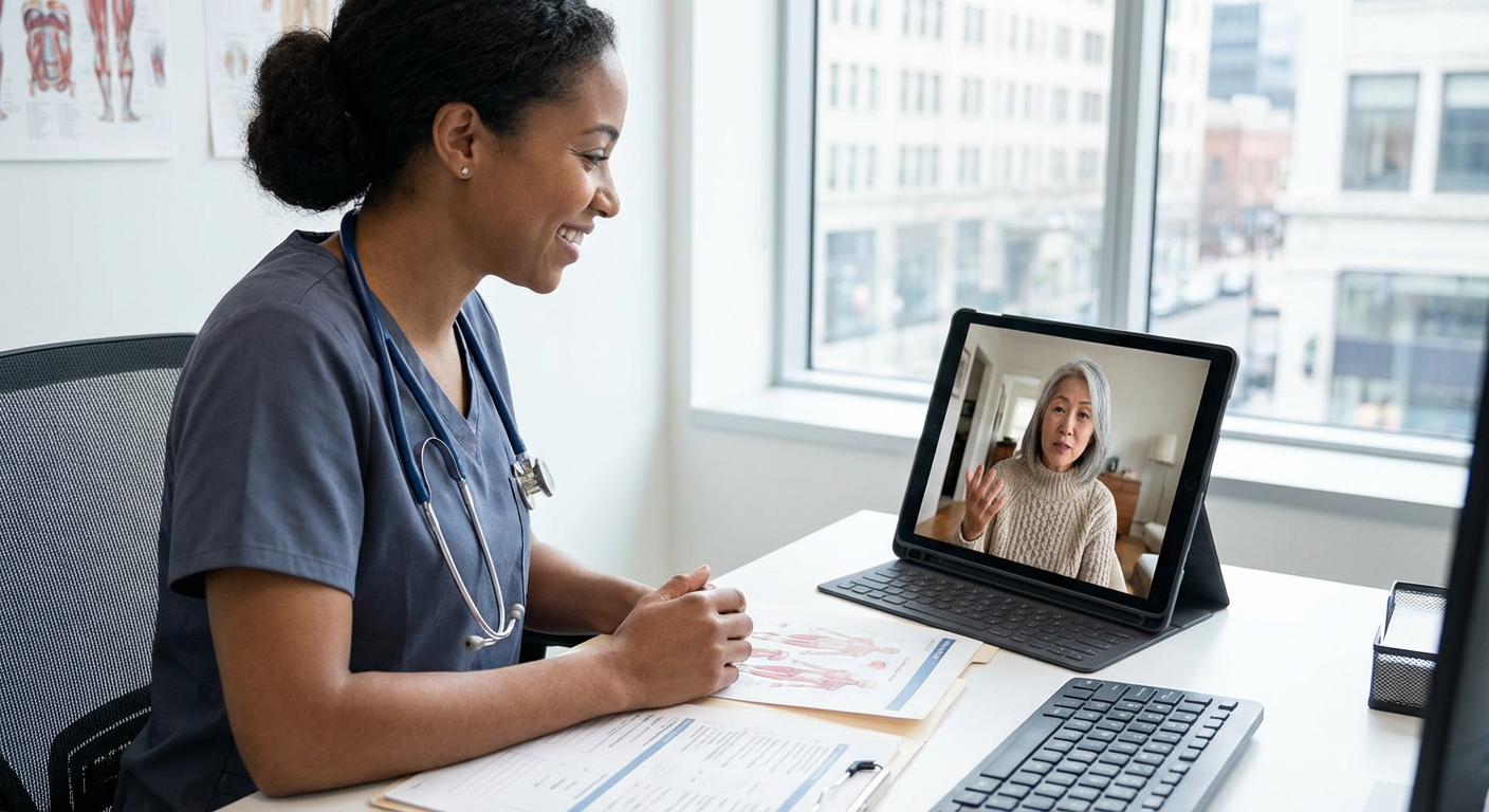A doctor consulting with a patient via a video call on a tablet.