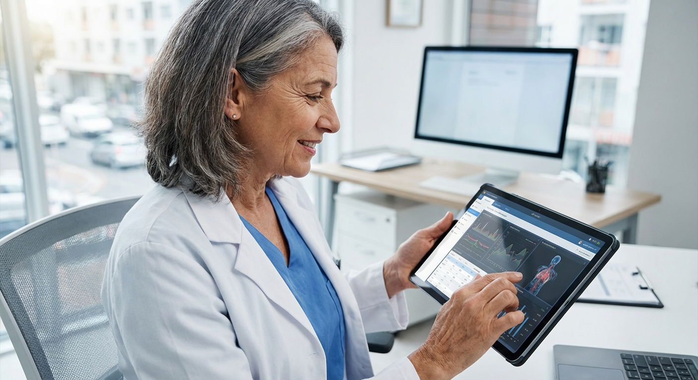 A doctor reviews patient data on a digital tablet.