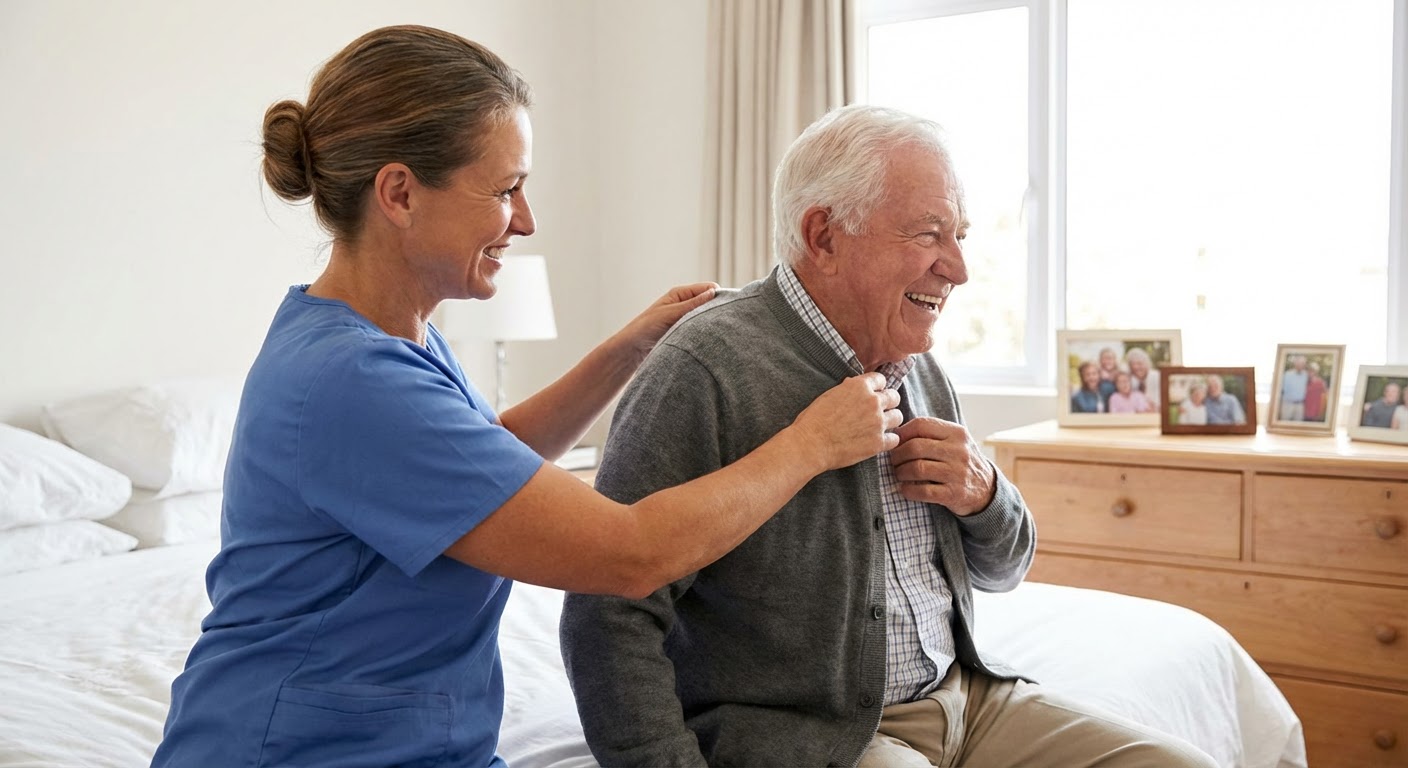 A friendly caregiver assisting an elderly man with his daily routine.