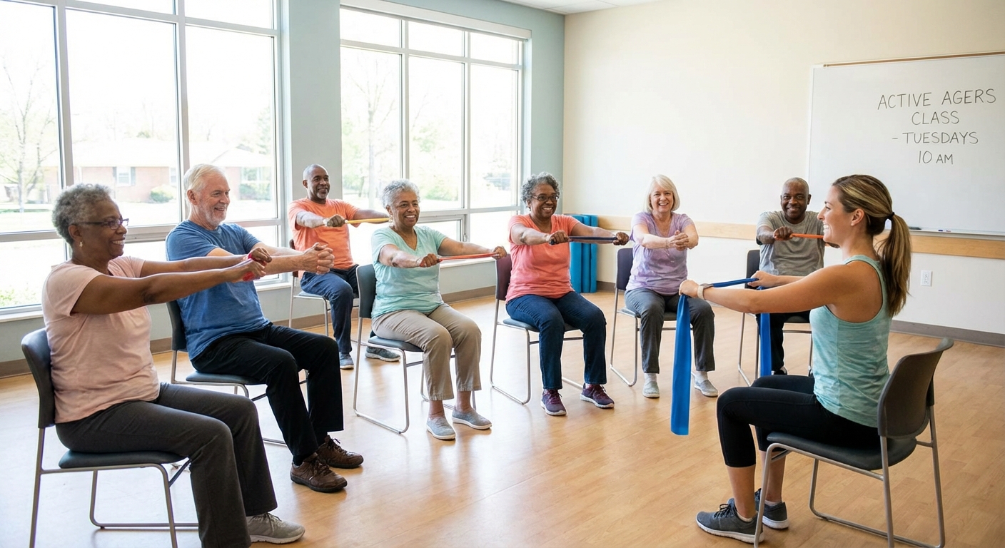 A group of senior citizens participating in a light exercise class.
