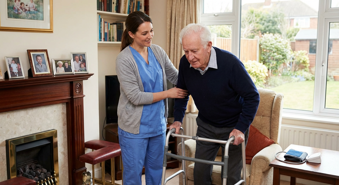 A healthcare professional assists an elderly patient at home.