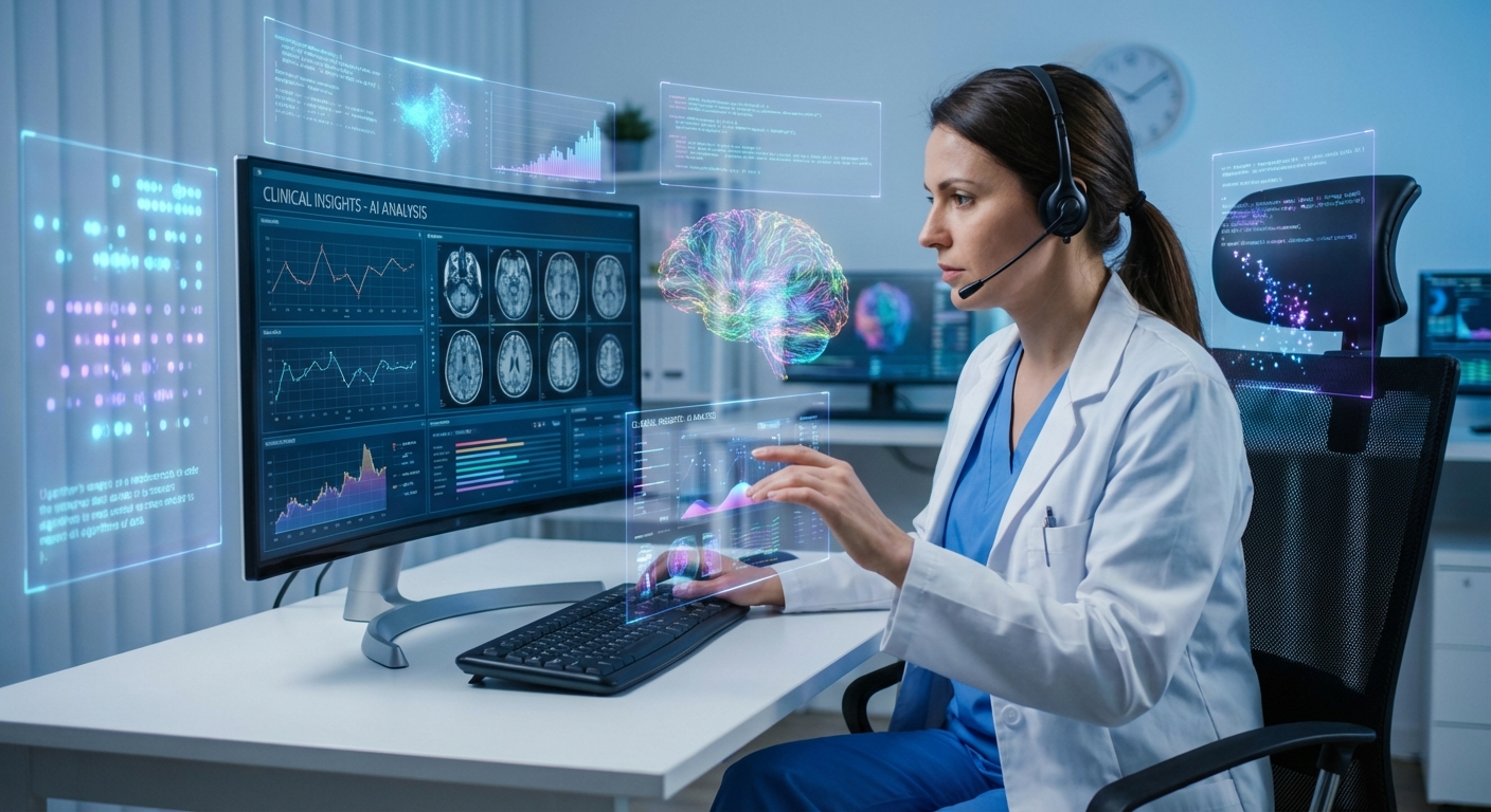 A medical professional analysing data on a screen with abstract AI graphics.