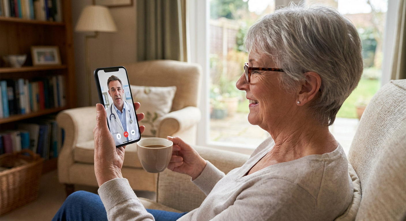 A patient connecting with a doctor through a telemedicine app on a smartphone.