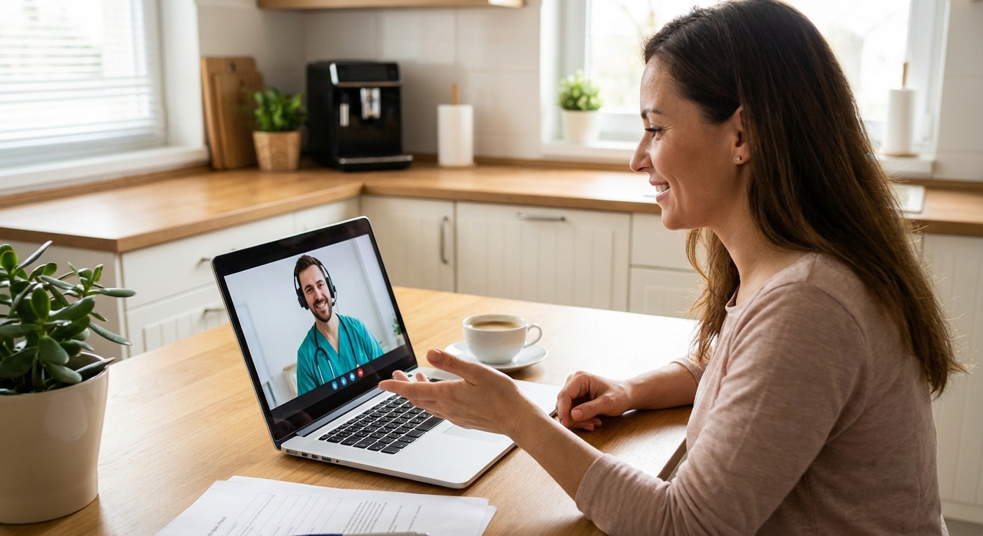 A patient consulting with a doctor via a video call on a laptop.