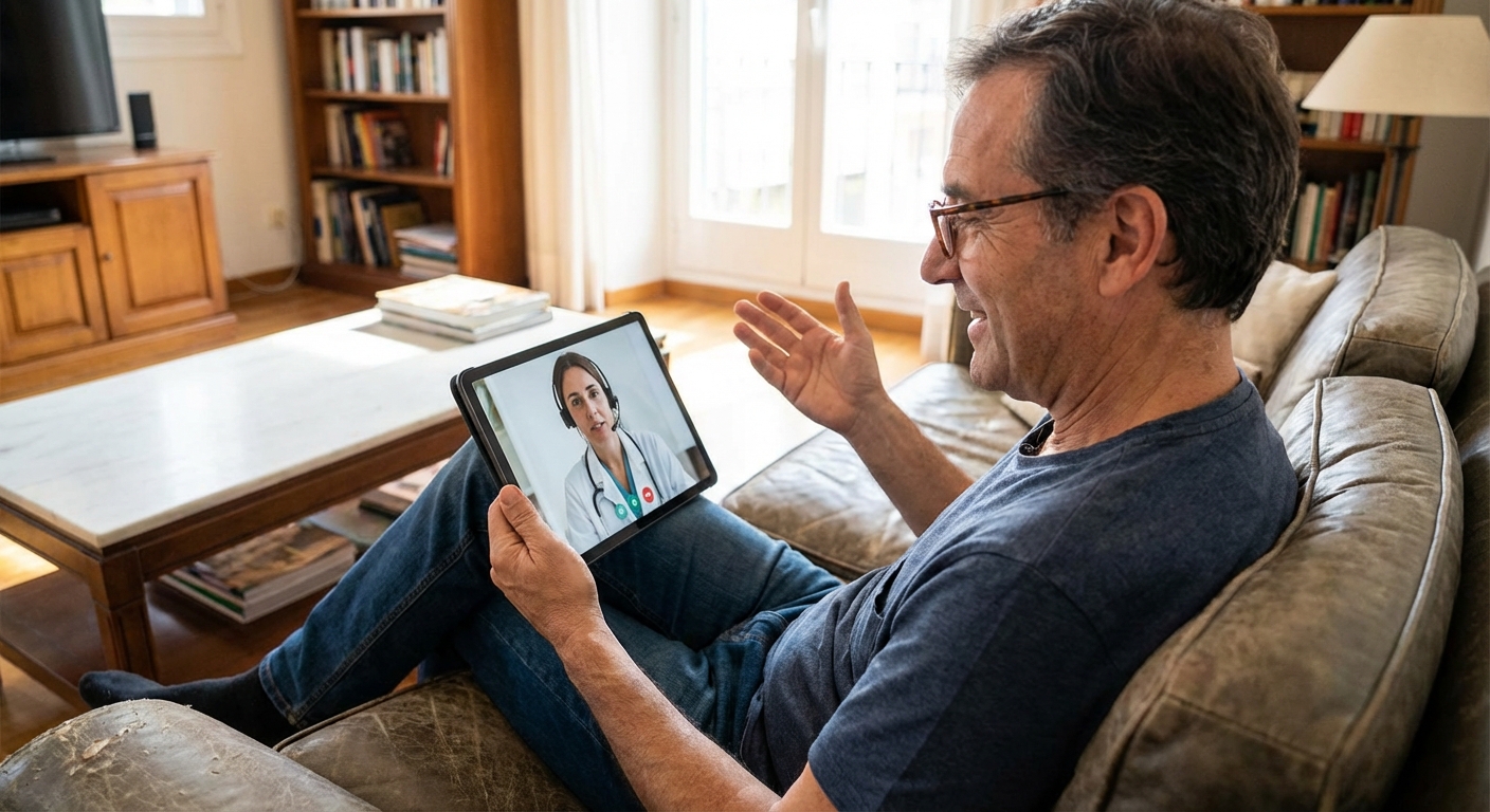 A patient having a virtual consultation with a doctor on a tablet.